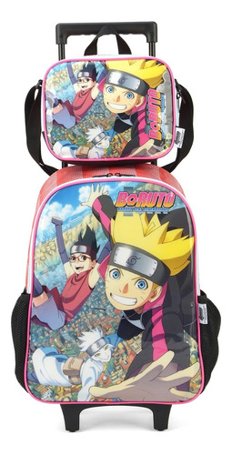 MOCHILA CARRINHO LUXCEL BORUTO + LANCHEIRA VERMELHA