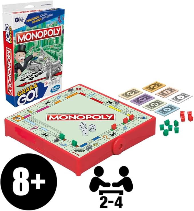 Hasbro Games, Jogo de Tabuleiro Portátil, Monopoly Grab and Go - Jogo para Crianças, 2 a 4 Jogadores - A partir de 8 Anos